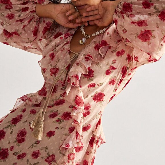 Apricot Boho Women's Bohemian Floral Print Ruffle Trim Long Sleeve Dress - Picture 6 of 8